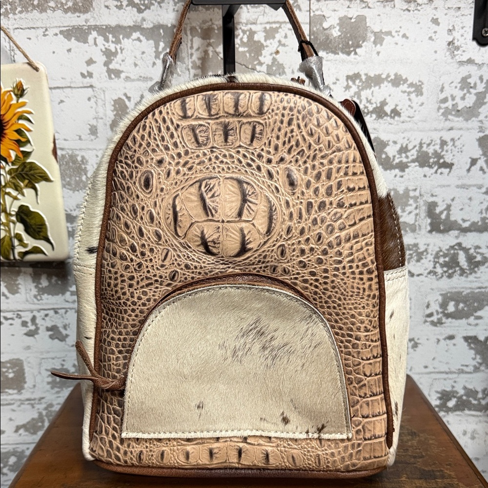 American Darling Cowhide & Croc-Embossed Mini Backpack in Cream and Brown